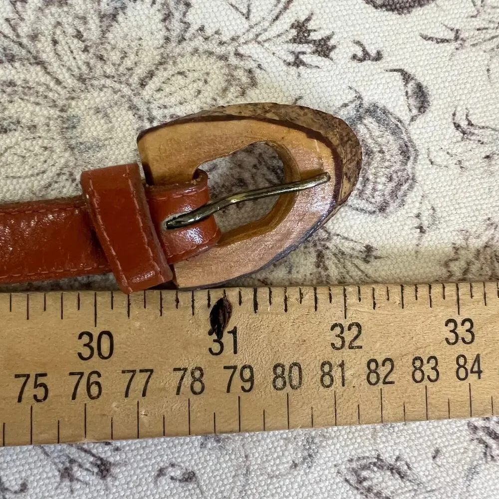 Leather Belt Vintage Brown Unique Raw Wooden Buckle thin 70s Cottage Core Sz 30